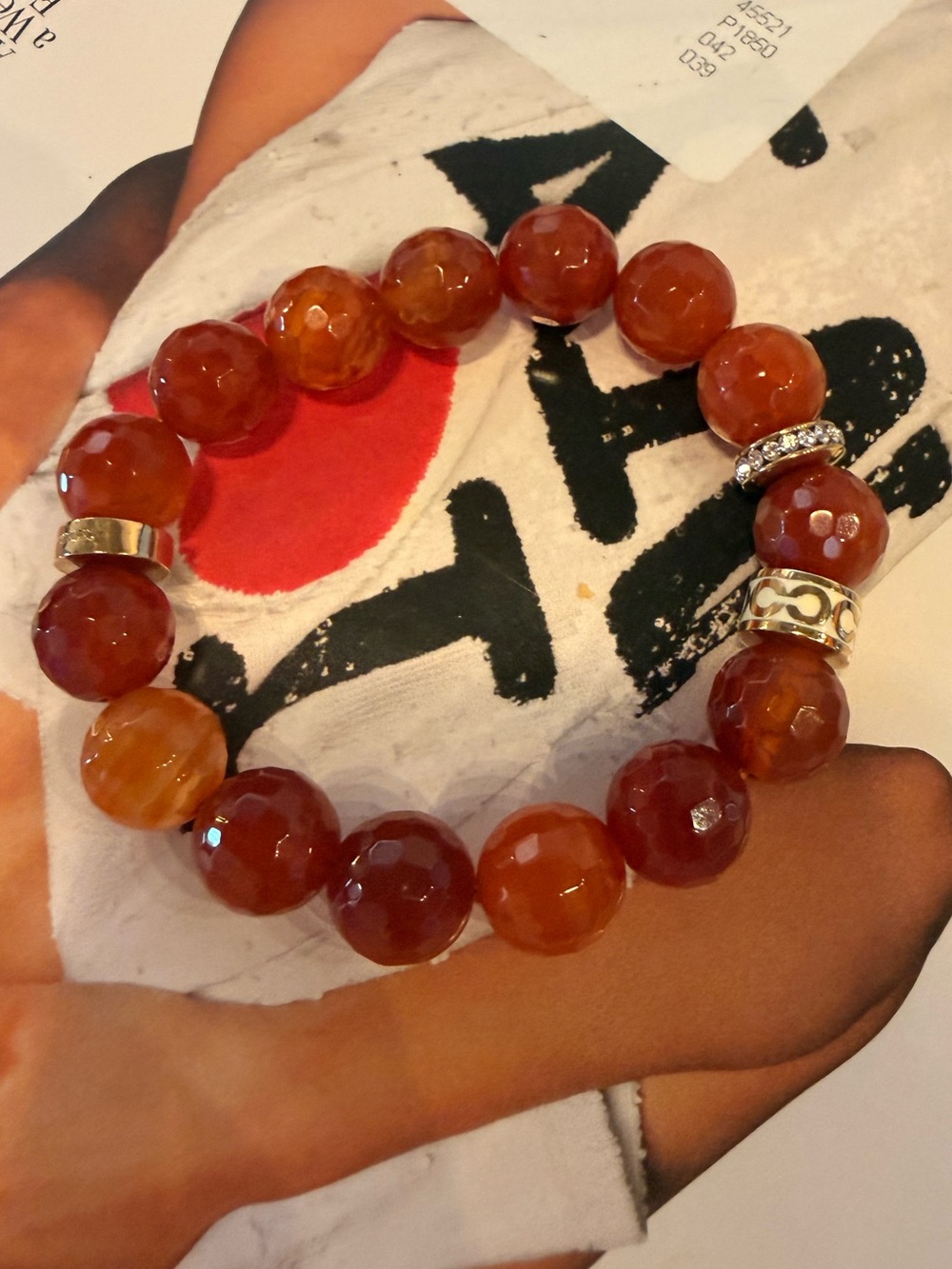 Coach Red Agate Beaded Stretch Bracelet with Gold Accents